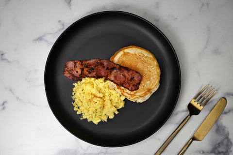 HealthyHolic Protein Pancake prepared meal with scrambled eggs and turkey bacon