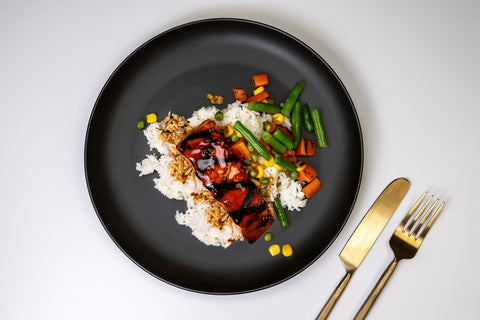 HealthyHolic Teriyaki Salmon prepared meal with mixed vegetables and jasmine rice